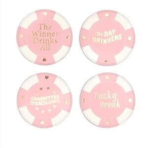 NEW Set of 8 Ban.do Party On Leatherette Coasters Poker Chips Pink White Gold